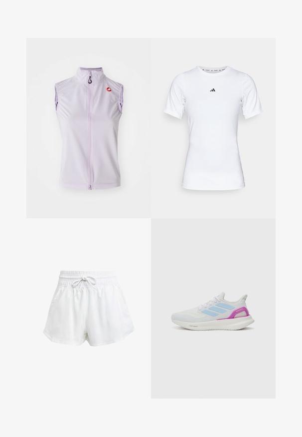Alyvų spalvos be rankovių dviračių liemenė su aukštu apykakle ir priekyje esančia užtrauktuku. Pasižymi mažo raudono logotipo ant krūtinės ir lygaus, tamprumo audinio.; Balta sportinė maikutė trumpomis rankovėmis, pagaminta iš lygaus, elastingo audinio. Ant krūtinės yra mažas juodas Adidas logotipas.; Baltos sportinės šortai su elastinga juostos juosta ir reguliuojama raišteliu. Pagaminti iš lengvo audinio, turi šonines kišenes ir laisvą siluetą.; adidas Performance PUREBOOST 5 - Bėgimo batai plentui - white/glow blue/purple burst