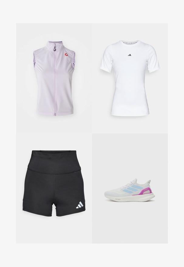 Lila ärmlös cykelväst med hög krage och framtill dragkedja. Har en liten röd logotyp på bröstet och slät, elastisk tyg.; Vit idrottströja med korta ärmar, tillverkad i ett slätt, stretchigt material. Har en liten svart Adidas-logotyp på bröstet.; adidas Performance Tights - black; adidas Performance PUREBOOST 5 - Väglöparskor - white/glow blue/purple burst