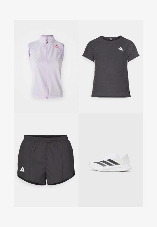 Lilla bezpiedurkņu riteņbraukšanas veste ar augstu apkakli un priekšējo rāvējslēdzēju. Iekļauj nelielu sarkanu logotipu uz krūtīm un gludu, elastīgu audumu.; Īsām piedurkņu sporta T-krekls, tumši pelēks ar perforētu tekstūru. Iespējots ar baltu logotipu un kontrastējošām sānu svītrām. Apaļa kakla izgriezums.; Melnas sporta šortas, izgatavotas no viegla materiāla, ar elastīgu jostu un baltu Adidas logo apakšējā kreisajā pusē.; Baltas sporta apavs ar melniem diagonāliem svītrām, sieta augšdaļa, noapaļota purngalu forma un teksturēta zole. Akcenti ietver sudraba papēdi un minimālistisku dizainu.