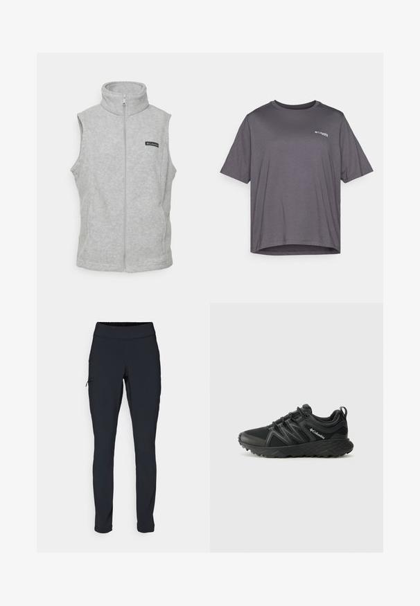 Sivý fleece vest s vysokým golierom, plným zipsom a bez rukávov. Obsahuje malú čiernu nášivku na hrudi. Mäkká textura.; Šedé tričko s krátkym rukávom vyrobené z hladkej látky. Má okrúhly výstrih a malé logo potlačené na hrudníku.; Čierne športové nohavice so slim fit strihom, elastickým pásom a bočnou vreckou so zipsom. Hladká, elastická tkanina s minimálnymi švami.; Columbia PEAKFREAK - Turistické topánky - black