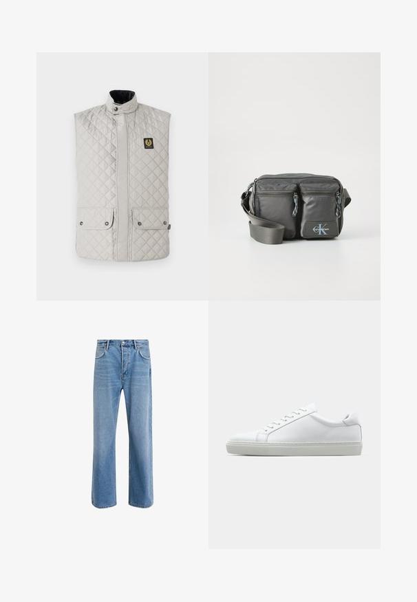 Quiltet vest i lys grå, med trykknapp- og glidelås-lukking, ståkrage og to frontlommer med knappeflapper; logo-patch på brystet.; Langermet genser med høy hals i lys krembomull. Glatt tekstur, avslappet passform, minimalistisk design, ingen synlige mønstre eller aksenter.; Lys blå denimjeans med rett ben-design, fem lommer, knappeåpning, minimal falming og kontrasterende sømdetaljer.; Hvit sneakers med en glatt skinnoverdel og lav profil. Har en rund tå, seks snøring hull, og en teksturert gummisåle.; Grå nylon crossover-veske med to glidelåslommer foran, justerbar stropp og logoaccent. Glatt tekstur med et moderne design.