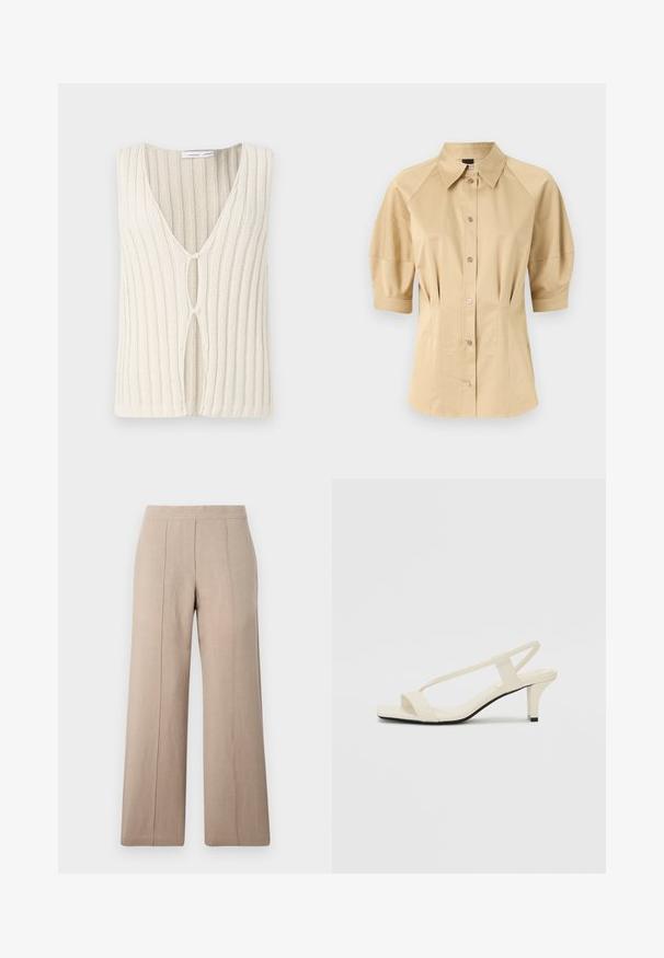 Knitted vest in cream, featuring a V-neckline and ribbed texture. Notable cut-out detail at the front adds design interest.; Beige button-up shirt with short puff sleeves, a spread collar, and seam detailing. Made of smooth fabric with front button closure.; Beige wide-leg trousers made of lightweight fabric, featuring front pleats, a smooth waistband, and a straight cut with clean hems.; Beige block-heeled sandals with thin straps and a square toe. Smooth material with minimal detailing, designed for easy wear.