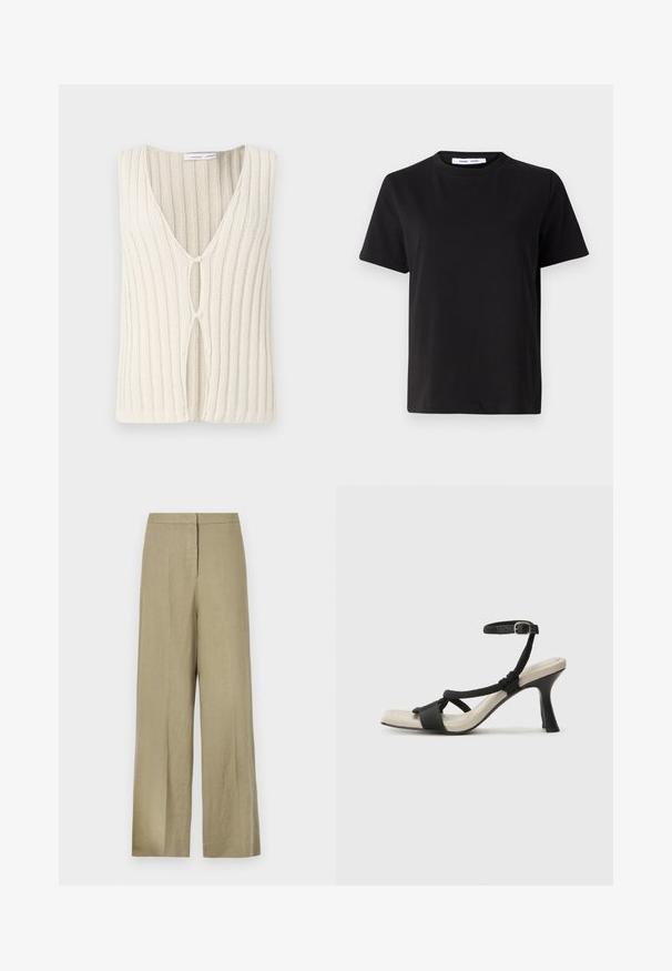 Strickweste in Creme, mit V-Ausschnitt und geripptem Muster. Auffälliges Ausschnittdetail vorne sorgt für Design-Interesse.; Schwarzes T-Shirt mit kurzen Ärmeln aus weicher Baumwolle, mit rundem Ausschnitt, lockerer Passform und glatter Textur. Keine sichtbaren Muster oder Grafiken.; Hellgrüne, hosen mit weitem Bein aus Leinen. Mit hoher Taille und schlichter Vorderseite mit einer einzelnen Falte.; Schwarze Absatzsandale mit geflochtenem Riemendesign, quadratischer Spitze und verstellbarem Knöchelriemen. Helle beigefarbene Sohle mit glänzendem schwarzen Absatz.