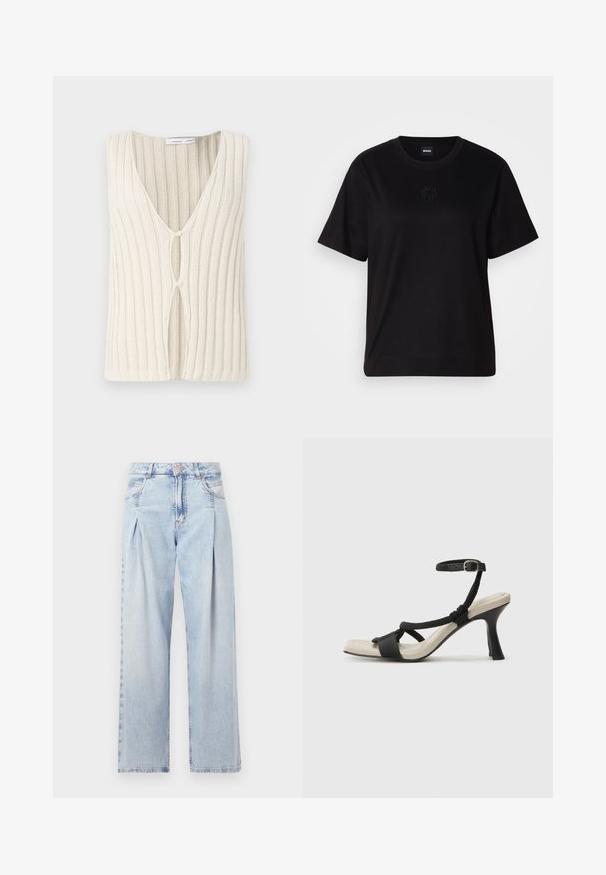 Nerti liemeni kreminės spalvos, su V formos iškirpte ir prailgintu tekstūruotu paviršiumi. Išskirtinis išpjovimas priekyje suteikia dizaino akcentą.; Juodas medvilninis marškinėliai su apvalia iškirpte, trumpomis rankovėmis ir siuvinėjimu ant krūtinės. Paprastas, laisvas siluetas be raštų.; Šviesiai mėlyni džinsai su aukštu liemeniu, plačiomis kojomis, dviem šoninėmis kišenėmis ir raukinių dizainu. Minkšta tekstūra su nudilusia apdaila.; Juodų aukštakulnių sandalų su pintu dirželiu dizainas, kvadratine nosimi ir reguliuojamu kulkšnies dirželiu. Šviesiai bežė padas su blizgiu juodu kulnu.