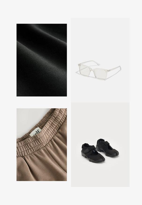 Musta kangas, jolla on sileä pinta, hienovaraisia poimuja ja pehmeä kiilto. Materiaali näyttää kevyeltä ja joustavalta.; Valkoinen puuvillainen hihaton toppi leveillä olkaimilla, pyöreällä kaula-aukkolla ja sileällä, nauhamaista pintarakennetta. Ei kuvioita tai yksityiskohtia.; Ruskea joustava vyötärö, jossa on kerätty pinta, liitetty etiketti "itse" ja pehmeä kangas, joka on sileäpintainen ja neutraali sävy.; Mustat vesikengät, jotka on valmistettu joustavasta kankaasta ja joissa on tarranauha, erottuva halkaistun varpaan muotoilu sekä teksturoitu kumipohja pitävää otetta varten.; Selkeä muovinen neliönmuotoinen kehyslasit, joissa on läpinäkyvät linssit ja kultaset mäntäraudat lisäämään yksityiskohtia.