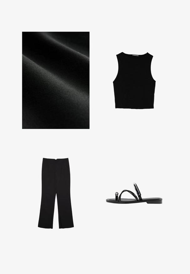 Sort stof med en glat tekstur, der har subtile folder og en blød glans. Materialet virker let og strækbart.; Sort ærmeløs crop top lavet af glat stof, med rund hals og et rent, enkelt design uden mønstre eller hardware.; Sorte bukser med lige pasform, der har frontlommer og slidser i kanten. Lavet af blødt, glat stof. Velegnet til forskellige anledninger.; Sorte flade sandaler med en blank finish, tre tynde stropper og en cirkulær hardwaredetalje ved tæerne. Slankt design med en minimal hæl.