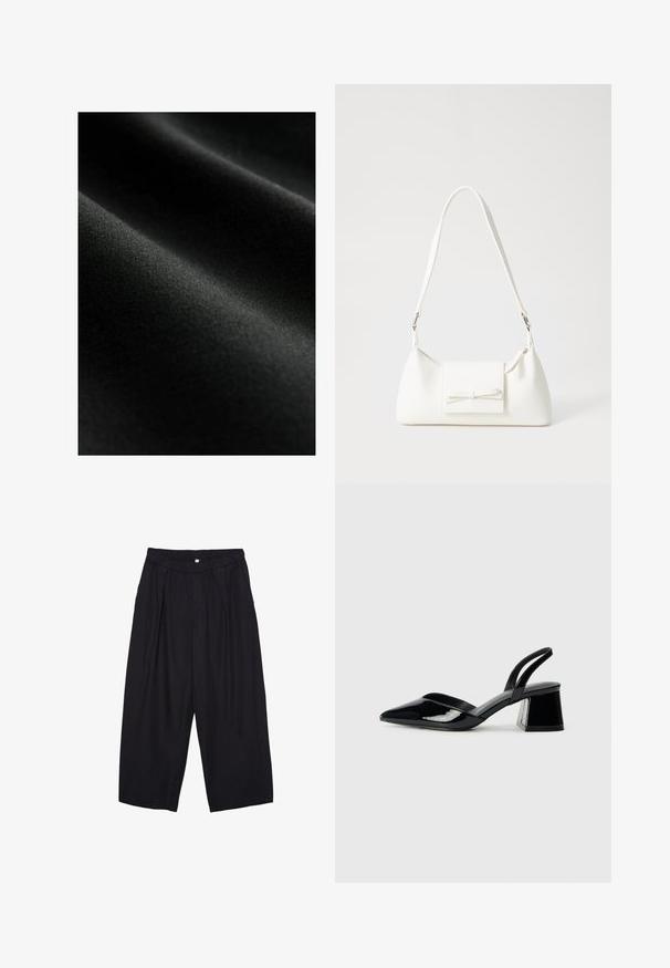 Schwarzer Stoff mit einer glatten Textur, der zarte Falten und einen sanften Glanz aufweist. Das Material erscheint leicht und dehnbar.; Weißes T-Shirt mit kurzen Ärmeln aus Baumwolle. Hat einen Rundhalsausschnitt und eine lockere Passform. Glatte Textur ohne sichtbare Muster oder Akzente.; Schwarze Polyester-Culotte mit einem elastischen Bund, zwei vorderen Falten und einer lockeren Silhouette. Keine sichtbaren Muster oder Hardware-Details.; Schwarze Lackleder-Slingback-High Heels mit spitzem Schuh und einem geometrischen Blockabsatz. Verfügt über ein schlankes, minimalistisches Design und eine glatte Textur.; Weiße synthetische Handtasche in dreieckiger Form, flache Vorderklappe und Schleifendetail, verstellbarer Trageriemen, glatte Textur und minimalistisches Design.