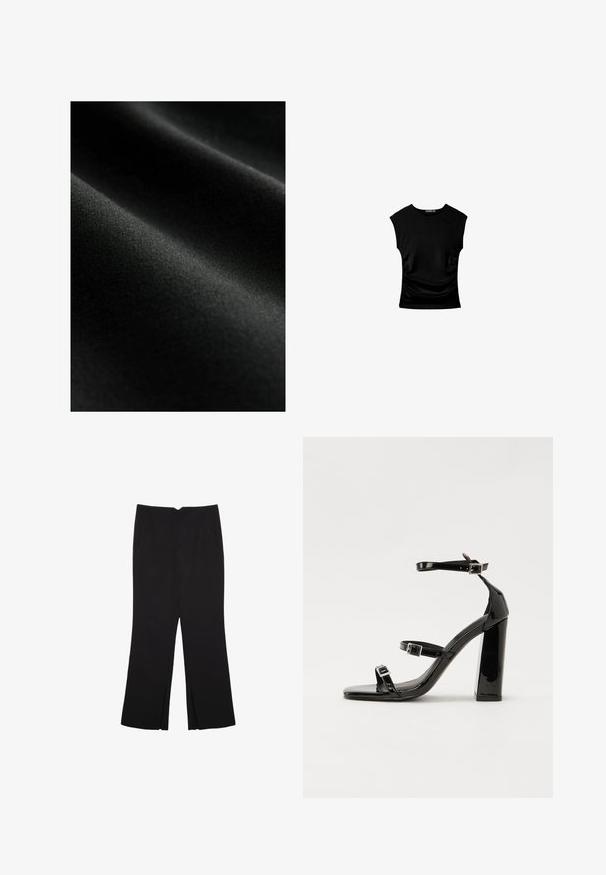 Svart tyg med en slät yta, som har subtila veck och en mjuk lyster. Materialet verkar lätt och elastiskt.; Svart kortärmad topp med en figurnära silhuett, med insläppta sidsömmar och ett mjukt, elastiskt tyg för komfort.; Svarta byxor med rak passform, utrustade med framfickor och sidoklyvningar vid fållen. Tillverkade av mjukt, slätt tyg. Lämpliga för olika tillfällen.; Svarta lackerade klacksandaler med fyrkantig tå, ankelremmar och silverfärgade spännen. Har en kraftig blockklack för stabilitet.