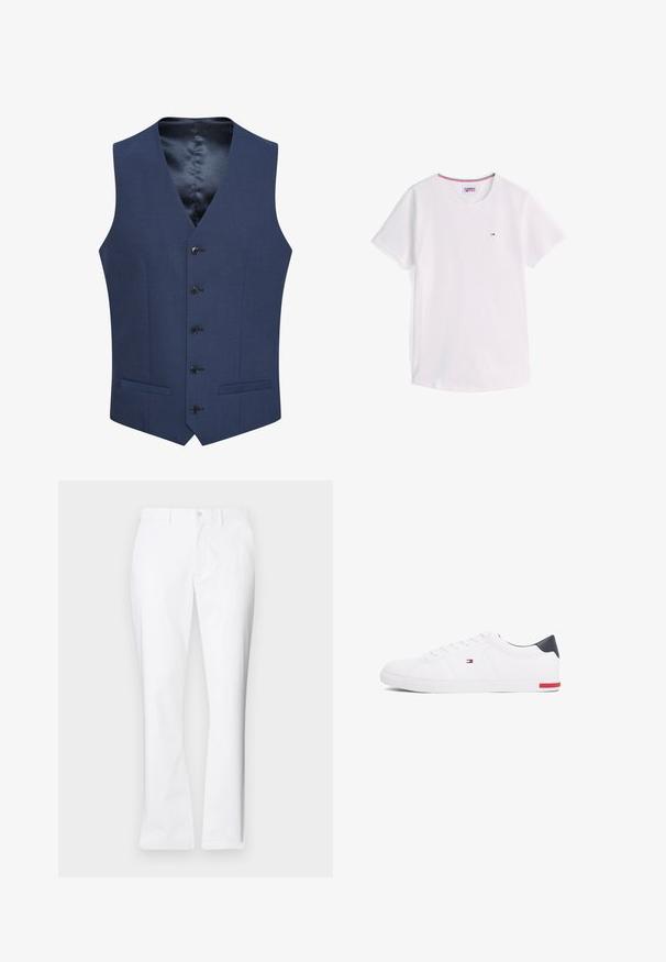 Marinblaue Westen aus strukturiertem Stoff, mit einer Fünf-Knopf-Frontverschluss und zwei Seitentaschen. Gefüttert mit einem glatten, gemusterten Innenfutter.; Weißes T-Shirt mit kurzen Ärmeln und Rundhalsausschnitt, mit kleinem Tommy Hilfiger-Logo auf der Brust und rotem, weißem und blauem Besatz im Kragen innen.; Weiße Baumwollhose mit geradem Bein, vorderen Taschen, einem einzigen Knopfverschluss und einer glatten Textur.; Weißes Low-Top-Sneaker aus glattem Leder. Mit einem marineblauen Fersenstück und einem roten Akzent an der Sohle. Sechs Ösen für die Schnürsenkel.