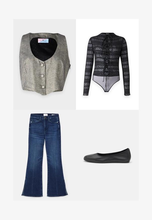 Ärmlös väst i grått herringbone-tyg, med djup V-ringning, tre dekorativa knappar och en slät svart foder med en subtilt mönster.; Hofmann Copenhagen EXCLUSIVE MIRELLA - Blus - black; Mörkblå utsvängda jeans i denim. Har hög midja, framfickor och slitsdetaljer vid fållen. Klassisk femficksdesign.; Svart läderballerinaskor med rund tå, slät yta, minimala söm detaljer och en flexibel sula.