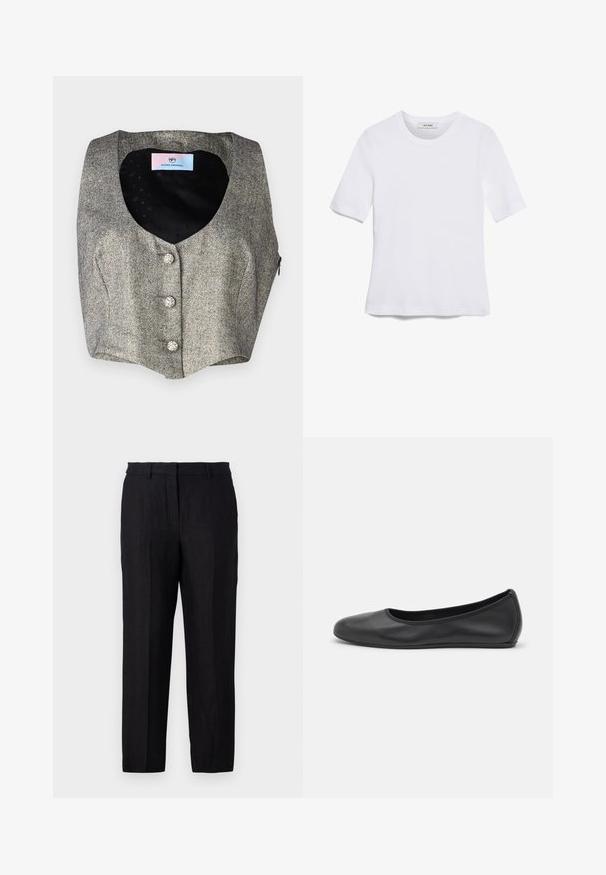Hallituseta seljaga vest hallist herringbone kangast, millel on sügav V-kaelus, kolm dekoratiivset nööpiga ja sile must vooder peene mustriga.; Valge lühikeste varrukatega T-särk ribatud kangast. Ümara kaelusega, tavalisest sobivusest ja peente õmbluse detailidega. Ilma mustrite või graafikateta.; Mustad linasest kangast püksid otse lõikega, varustatud lukuga, vöökohaga ja ees ning taga taskutega. Sile tekstuur ja minimalismi esteetika.; Musthave mustika tantsutossud mustast nahast, ümmarguse varbaga, siledast tekstuurist, minimaalse õmblusdetailiga ja paindliku tallakujundusega.