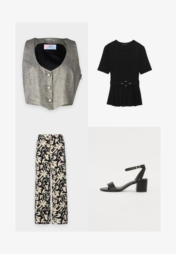 Hihaton liivi harmaassa herringbone-kankaassa, jossa on syvä V-kaula-aukko, kolme koristeellista nappia ja sileä musta vuori, jossa on hienovarainen kuvio.; Musta lyhythihainen paita, joka on valmistettu sileästä materiaalista ja jossa on peplum-muotoilu sekä vyötäröllä vyö, jossa on kaksi pyöreää hopeanväristä nappia.; Mustat leveälahkeiset housut, joissa on kermaisen värinen kukkakuosi. Valmistettu kevyestä kankaasta, jossa on sileä pinta ja korkea vyötärö.; Mustat korkokenkä-sandaalit, joissa on sileä nahkapinta, avoin varvas, leveät etuvarteen strapit ja säädettävä nilkkastrap, jossa on kultainen solkiyksityiskohta.