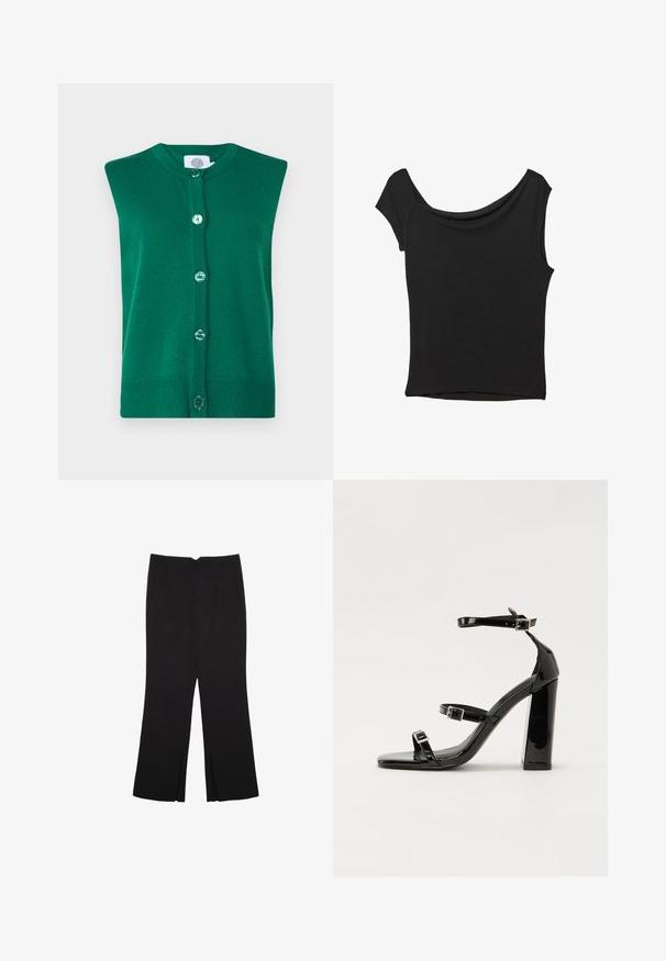 Grüne gestrickte ärmellose Strickjacke mit rundem Ausschnitt und sechs passenden Knöpfen vorne. Gerippter Saum und glatte Textur.; Schwarzes Kurzarmoberteil aus glattem Stoff; hat einen drapierten Ausschnitt und einen asymmetrischen Saum, mit einem figurbetonten Körper.; Schwarze Hose mit geradem Schnitt, ausgestattet mit Fronttaschen und Seitenschlitzen am Saum. Hergestellt aus weichem, glattem Stoff. Geeignet für verschiedene Anlässe.; Schwarze Lackleder-Sandalen mit hohen Absätzen, zwei Riemen mit Schnallen, quadratischer Zehenpartie und klobigem Blockabsatz, mit einer glatten, glänzenden Textur.