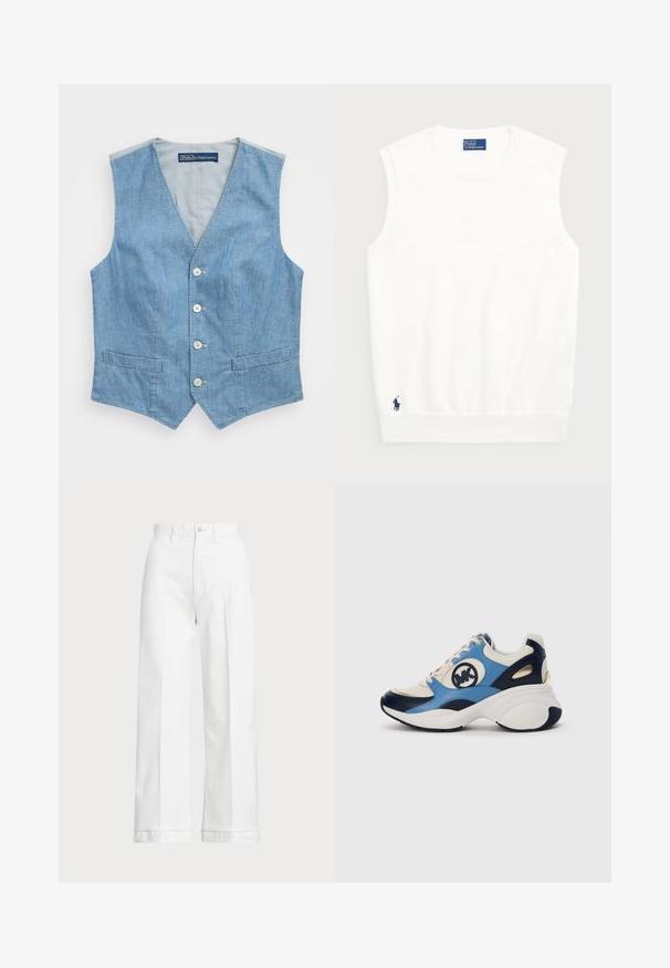 Gaiši zila džinsa veste ar V veida kakla izgriezumu, pieci pogas un divas priekšējās kabatas. Gluda tekstūra ar vienkāršu dizainu un bez piedurknēm.; Balts bezpaliktņa džemperis, izgatavots no gludas kokvilnas, ar ribotu apmalīti un mazu tumši zilu logotipu apakšējā kreisajā stūrī. Vienkārša dizaina, bez rakstiem.; Baltas platās bikses ar augstu jostasvietu, ar pogu aizdari un smalkiem izšuvumiem. Izgatavotas no kokvilnas ar gludu tekstūru.; Baltā, tumši zilā un gaiši zilo zamšādas sporta apavi ar masīvu zoli un apaļu izšuvumu logotipu sānos.