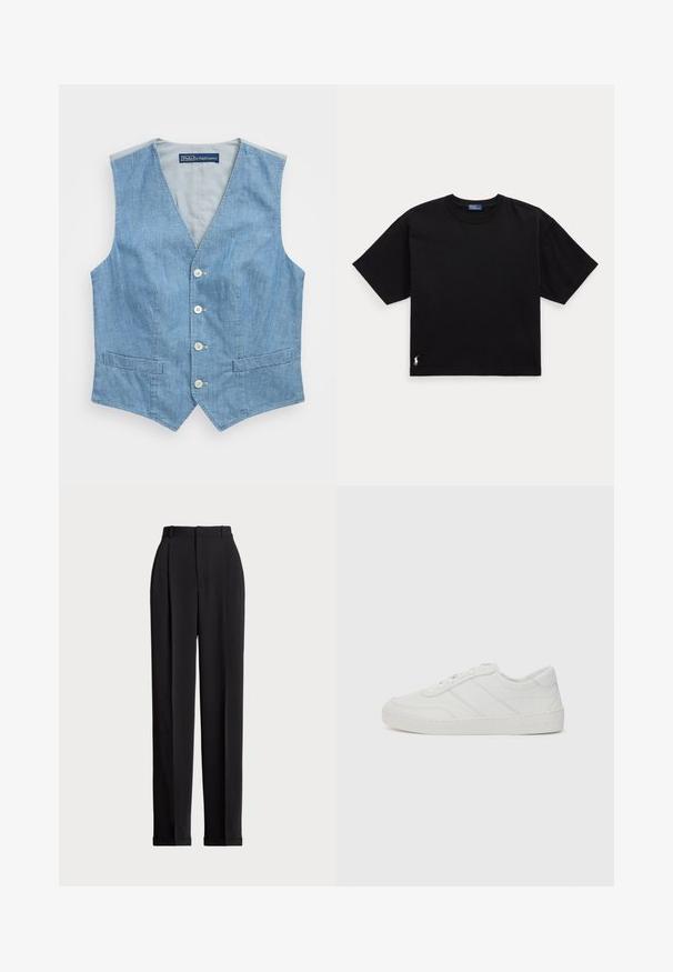 Džínová vesta v světle modré barvě, s výstřihem do V, pěti knoflíky a dvěma předními kapsami. Hladká textura s jednoduchým designem a bez rukávů.; Černé bavlněné tričko s krátkým rukávem, kulatým výstřihem a malým bílým logem v dolním levém rohu. Klasický, boxy střih s minimálním detailem.; Černé elegantní kalhoty s vysokým pasem, zdobené sklady vpředu, rovný střih nohavic a cuffed lem. Vyrobeno z hladké látky.; Bílé kožené tenisky s plochými tkaničkami, zaoblenou špičkou a jemnými detaily šití. Disponují strukturovanou podrážkou a embosovaným logem značky na patě.
