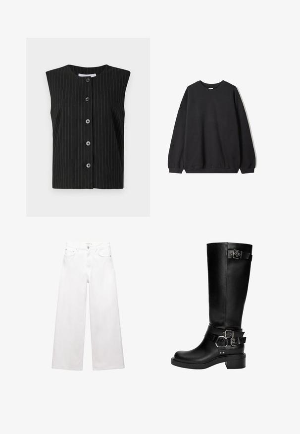 Černá bezrukávová vesta na knoflíky s tenkými bílými vertikálními proužky a kulatým výstřihem.; Černá oversized mikina s kulatým výstřihem a dlouhými rukávy, umístěná na bílém pozadí. Jednoduchý a neformální design.; Bílé široké džíny vyrobené z bavlny, s vysokým pasem, pěti kapsami a akcenty z mosazného hardwaru. Hladká, nedotčená textura.; Černé kožené kozačky do výšky kolen mají zaoblenou špičku, nízký podpatek a několik dekorativních popruhů se stříbrnými přezkami a akcenty.