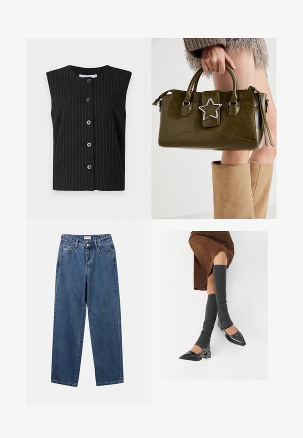 Zwart mouwloos overhemd met knopen en dunne witte verticale streepjes, met een ronde halslijn.; Zacht gebreid sweater met horizontale donzige strepen in tinten roze, paars en lichtgrijs, met een ronde hals en lange mouwen.; Klassieke blauwe denim jeans met een rechte pijp, vijf zakken en een knoopsluiting. Heeft een middelgrote wasbeurt en stevige textuur.; Zwarte gepatineerde leren pumps met een puntige neus, een blokhak en een enkelbandje, gecombineerd met grijze geribde beenwarmers en een bruine suède rok.; Olijf groen neplederen handtas met zilveren steraccent, dubbele handvatten en een ritssluiting. Gelaagd oppervlak en gestructureerde vorm.