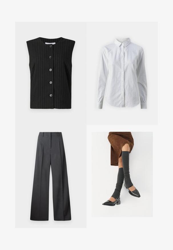 Crni bezrukavi prsluk s dugmadima i tankim bijelim vertikalnim trakicama te okruglim izrezom.; Bjela košulja na dugih rukava od glatkog pamuka, s klasičnom kragnom i zakrivljenim rubom. Dugmad su mala i bijela.; Hlače širokih nogavica u tamnosivoj tkanini, s visokim strukom, jednim naborom i glatkom teksturom s urednim završetkom na rubovima.; Crne lakirane cipele s šiljastim prstima, blok-petom i remenom oko gležnja, uparene s sivim rebrastim čarapama do koljena i smešnom suknjom od antilopa.