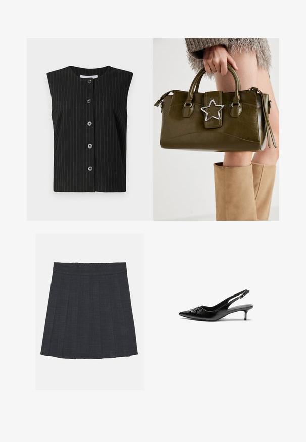 Sort ærmeløs knap-uppet vest med tynde hvide lodrettenålestriber og rund halsudskæring.; Sort kortærmet bluse med rund halsudskæring, der har en udskæring foran og bindebånd. Lavet af blødt, letvægtsstof.; Mørkegrå plisseret nederdel med elastisk talje, der har et struktureret stof og en klassisk A-formet silhuet. Velegnet til hverdag.; Sorte læderslippers med spidse tæer, lille kitten hæl og en dekorativ knude detalje foran. Glat tekstur hele vejen rundt.; Olivengrønt faux læder håndtaske med sølvstjerne accent, dobbelt håndtag og lynlås lukning. Teksturopfald og struktureret form.