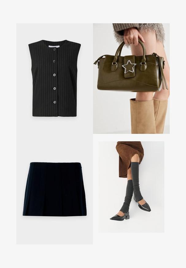 Melnā bez piedurknēm pogājamā veste ar tievām baltām vertikālām svītrām un apaļu kakla izgriezumu.; Zaļi un balti svītrainā īsām piedurknēm T-krekls ar noapaļotu kakla izgriezumu, izgatavots no mīksta kokvilnas auduma. Iekļauj vienkāršas horizontālas svītras.; Melnā plisētā mini svārki, kas izgatavoti no auduma. Tiem ir taisna josta un vairākas vertikālas krokas, kas piešķir formu un tekstūru.; Melnas laka ādas apavi ar norādītu purngalu, blokveida papēdi un potīšu jostu, saskaņoti ar pelēkām ribotām kāju sildītājām un brūnu zamšādas svārku.; Olive zaļš mākslīgās ādas rokassomu ar sudraba zvaigznes akcentu, divām rokturiem un rāvējslēdzēja aizdari. Strukturēta forma un teksturēta virsma.