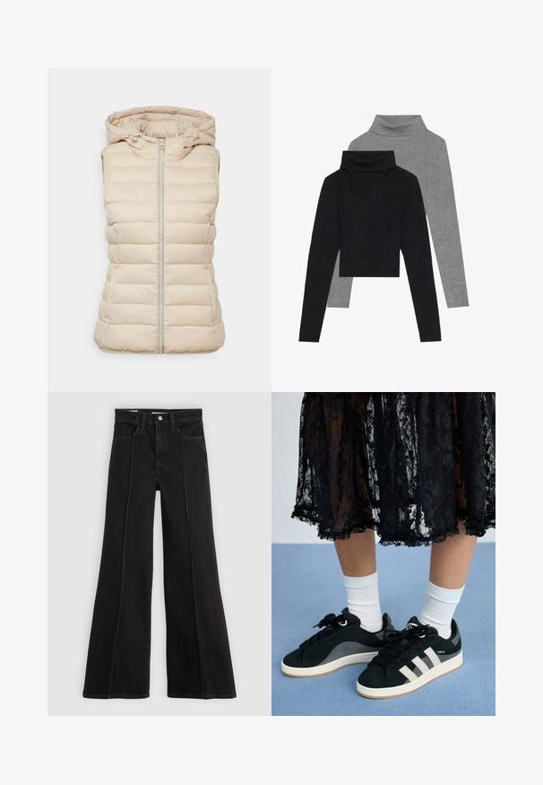 Beige, gepolsterte Weste mit Kapuze, zentralem Reißverschluss, gestepptem Design und ohne Ärmel, aus leichtem Stoff gefertigt.; Zwei Rollkragenoberteile: eines schwarz, das andere grau, beide mit einem gerippten Muster und langen Ärmeln, im cropped Design und mit umgeschlagenem Kragen.; Schwarz hohe Taillenweite Jeans mit breitem Bein und Frontnahtdetails, Knopfverschluss, Gürtelschlaufen und frontalen Taschen auf einem schlichten hellen Hintergrund.; Ein schwarzer Spitzenrock hebt weiße Socken und schwarze Schuhe mit hellgrauen Streifen auf einem blauen Hintergrund hervor und betont einen stilvollen, lässigen Look.