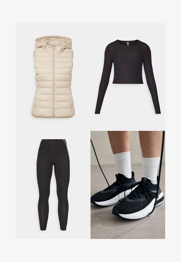 Beige puffervest med hette, med en sentral glidelås, stikt quiltet design, og uten ermer, laget av lett stoff.; Svart langermet crop-top laget av ribbestrikket stoff. Har rund halslinning og tettsittende silhuett med teksturert overflate.; Svart tights laget av elastisk materiale med høy midje. Har hvite side-striper og en jevn tekstur gjennom hele.; Svarte treningssko med teksturert stoff, hvit såle og svarte snøringer. Brukt med hvite ribbestrikkede sokker, stående på en lys overflate.