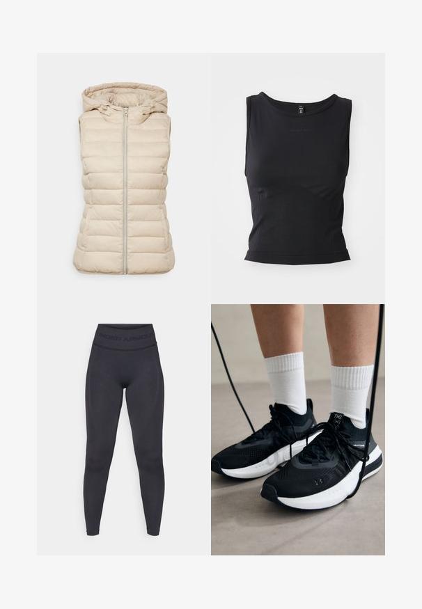 Vesta pufo bej cu glugă, având un fermoar central, design matlasat cusut și fără mâneci, fabricată dintr-un material ușor.; Top athletic negru fără mâneci, realizat dintr-un material neted, cu un decolteu rotund și o siluetă mulată, având detalii discrete ale logo-ului.; Colanți negri cu un tiv elastic înalt, având inscripția "UNDER ARMOUR". Textură netedă cu accente subtile de model pe lungimea picioarelor.; Căști atletice negre cu țesătură texturată, talpă albă și șireturi negre. Purtați cu șosete albe cu riflaje, stând pe o suprafață deschisă.