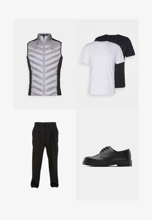 Sivi prsluk od puf materijala s visokim ovratnikom, šavovima u obliku chevrona, crnim bočnim panelima i zatvaranjem na patentni zatvarač sprijeda. Ima mali CK logo na prsima.; Dva pamučna majice, bijela i crna, kratkih rukava s okruglim izrezom, s malim logotipom na prsima, glatke teksture.; Crne hlače od glatke tkanine, s prednjim nabora, pojasom sa gumbom i sužavajucim donjim dijelovima. Klasična krojena silueta.; Crne kožne oxford cipele s vezivanjem, zaobljenim vrhom, ravnim gumenim potplatom i suptilnim detaljima šivanja duž gornjeg dela.