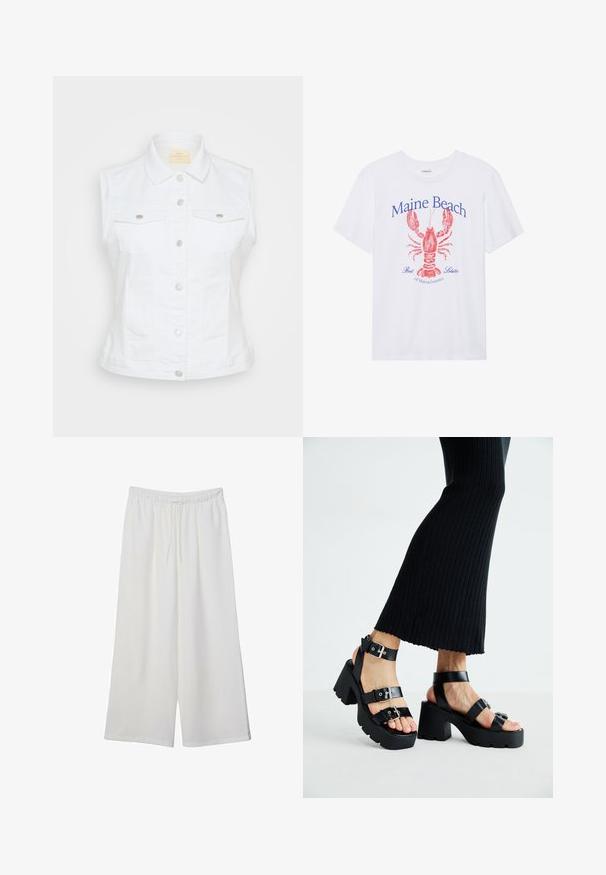 Vit ärmlös denimjacka med spetsig krage, två framfickor, metallknappar och sidoförstygn i en slät textur.; Vit t-shirt i bomull med en grafisk bild av en röd hummer och blå text som säger "Maine Beach Bästa Hummer i Massachusetts." Korta ärmar.; Vita vida byxor i lätt tyg med elastisk midja och dragsko för justerbar passform. Mjuk textur.; Svarta plattformssandaler med kraftiga yttersölar och flera remmar, med metalspännen och en slät läderliknande yta.