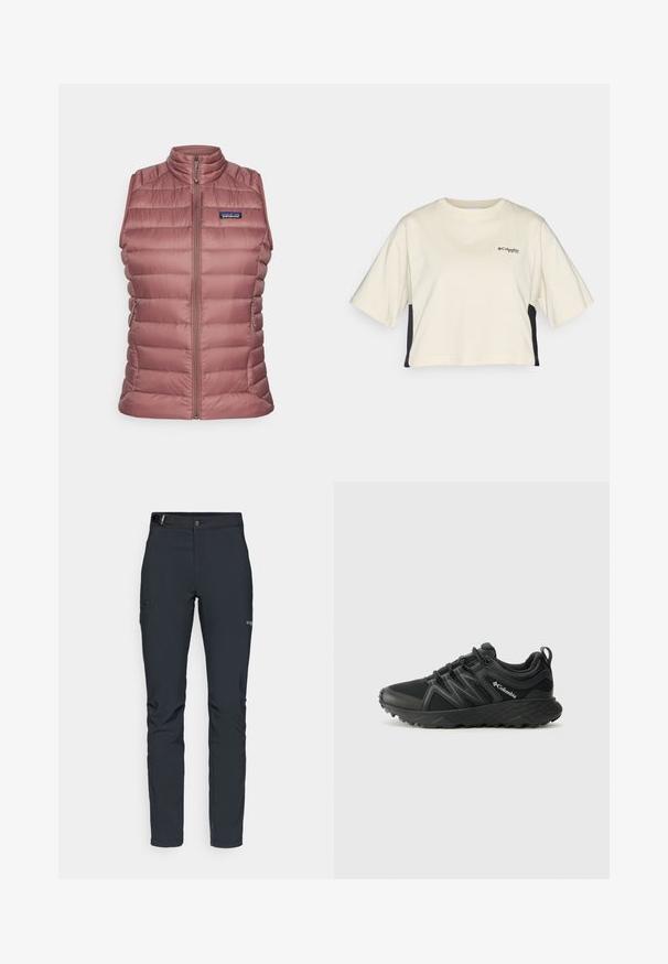 Patagonia SWEATER VEST - Weste - dulse mauve; Cremfarbendes, kurzes T-Shirt mit Rundhalsausschnitt, kurzen Ärmeln und schwarzen Seitenpanelen; verfügt über ein kleines schwarzes Logo auf der Brust.; Herren Outdoor-Hosen, dunkelgrau, aus flexiblem Material, mit einem Gürtel, Reißverschlusstaschen und verstärkten Nähten.; Columbia PEAKFREAK - Hikingschuh - black