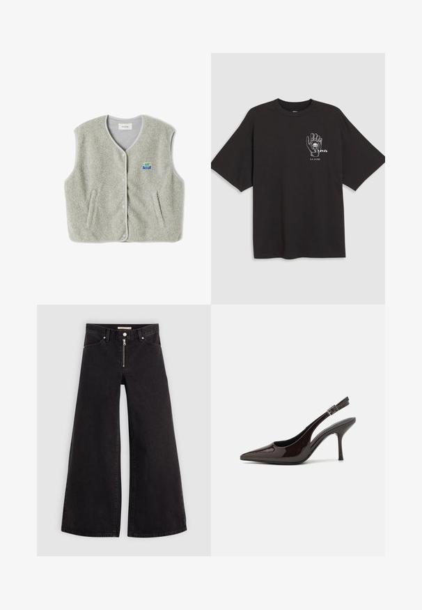 Pelēks vilnas veste ar pogu priekšpusi, divām sānu kabatām un mazu krāsainu zīmola logo kreisajā pusē. Malas ir ar kontrastējošu apdari.; Melna kokvilnas T-kreklu ar īsām piedurknēm, ar roku grafiku un tekstu "Levi's LA LUNE" baltā krāsā kreisajā krūtīs.; Platas kājas džinsi melnā džinsa audumā ar rāvējslēdzēju priekšā, piecu kabatu dizains un smalkas šuvju detaļas. Gluda tekstūra un ikdienišķs stils.; Slingback augstpapēžu kurpe ar spīdīgu tumši brūnu lakotu ādu, ar norādītu purngalu, atvērtām pusēm un regulējamu potītes siksniņu.