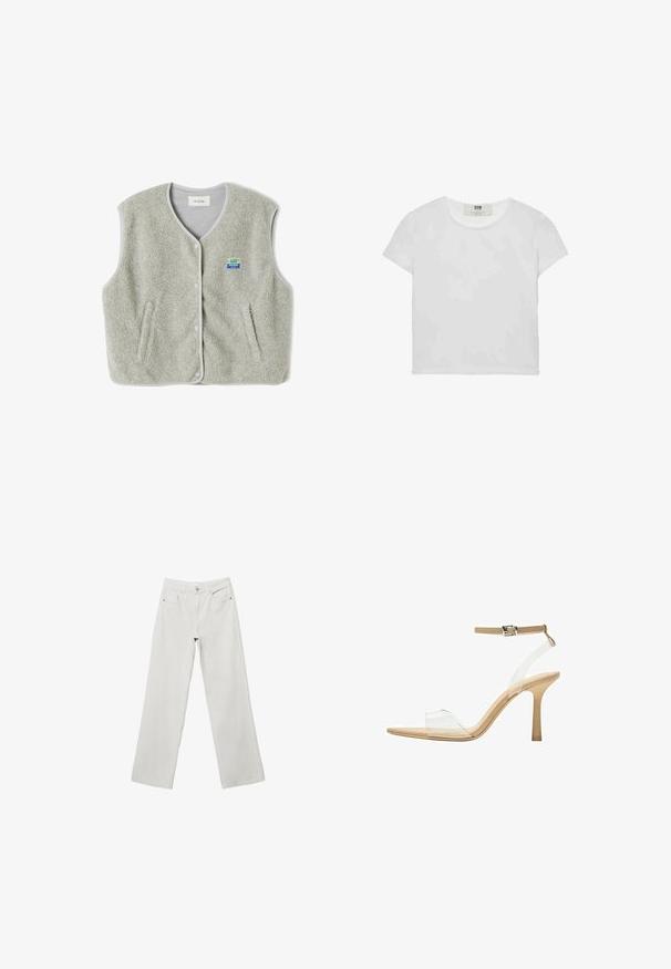 Siva flisasta brezrokavnika z gumbi spredaj, dvema stranskima žepoma in majhnim večbarvnim logotipom blagovne znamke na levi strani. Robovi imajo kontrastne obrobe.; Bela majica s kratkimi rokavi in okroglim ovratnikom, izdelana iz mehke bombažne tkanine, ki ima preprost, čist dizajn brez vidnih vzorcev ali poudarkov.; Beli džins hlače iz belega denima širokega kroja z visokim pasom, zasnovo s petimi žepi in toniranimi šivi. Gumb in zadrga. Gladka tekstura.; Sandal z jasnim petnikom s prozornim zgornjim delom, bež podplatom in sivim trakcem okoli gležnja. Ima koničast nos in tanek visoki petek.