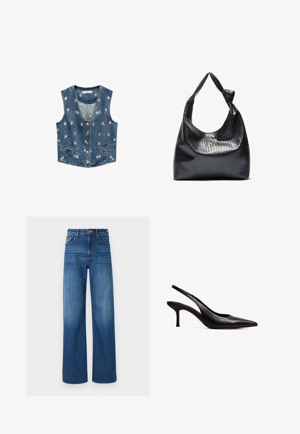 Denim brezrokavnik z V-izrezom, okrašen s belimi marjeticami, petimi gumbi in dvema sprednjima žepoma. Klasična modra barva, brezrokavni dizajn.; Modra in bela prugasta srajca z dolgimi rokavi in gumbom, s širšim ovratnikom, prilagojenim krojem in ukrivljenim robom. Teksturni bombažni material.; Mother THE LASSO SNEAK - Široke kavbojke - dark blue denim; NA-KD Klasične pete - black; Črna torbica iz pletene usnje s sproščenim dizajnom, ki ima vozel na traku in majhno dekorativno zlatno zakovico na vrhu.