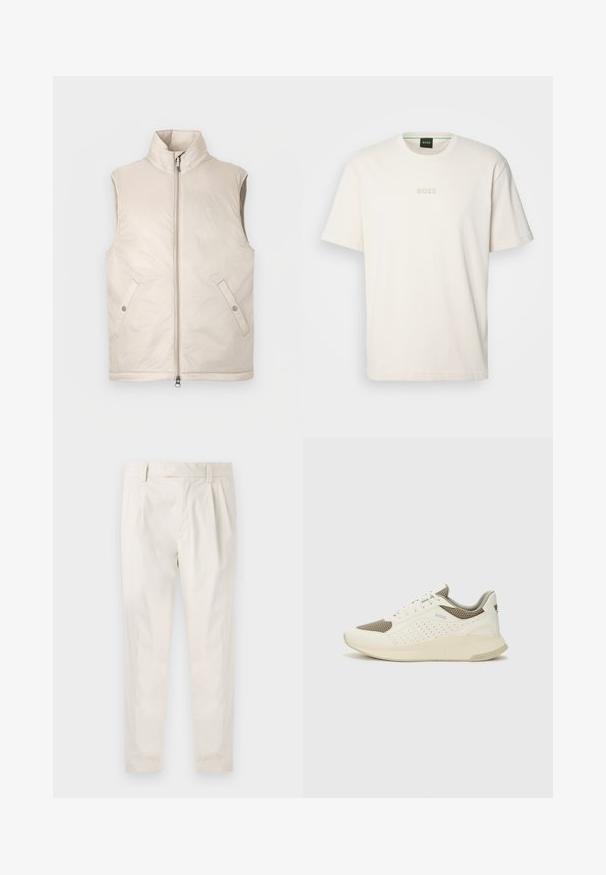Beige ermeløs dunvest med høy krage, frontglidelås og to sidelommer, med glatt tekstur og minimalistisk design.; BOSS TEE - T-shirts - open white; Hvite, pregede bukser med skreddersydd passform, som har en jevn tekstur, beltehemper og avsmalnende ben. Ingen synlige lommer eller mønstre.; Hvit og lysebeige treningssko, med en mesh-overdel, perforerte detaljer og en teksturert mellomsåle med merkevare på hælen.