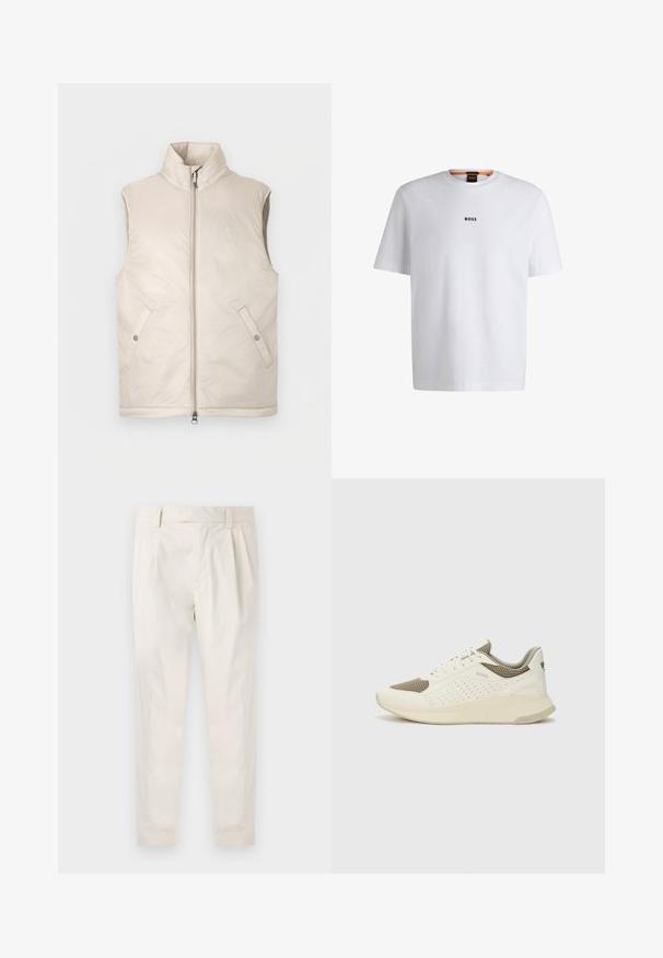 Beige ermeløs dunvest med høy krage, frontglidelås og to sidelommer, med glatt tekstur og minimalistisk design.; Hvit bomulls T-skjorte med korte ermer, med en svart "BOSS" logo sentrert på brystet og rund halsdesign.; Hvite, pregede bukser med skreddersydd passform, som har en jevn tekstur, beltehemper og avsmalnende ben. Ingen synlige lommer eller mønstre.; Hvit og lysebeige treningssko, med en mesh-overdel, perforerte detaljer og en teksturert mellomsåle med merkevare på hælen.