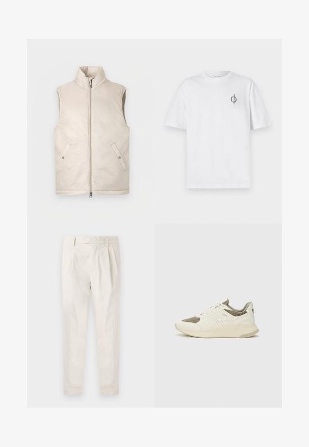 Beige ermeløs dunvest med høy krage, frontglidelås og to sidelommer, med glatt tekstur og minimalistisk design.; Hvit bomull t-skjorte med avslappet passform, med en liten svart grafisk logo på venstre brystområde. Korte ermer, rund hals.; Hvite, pregede bukser med skreddersydd passform, som har en jevn tekstur, beltehemper og avsmalnende ben. Ingen synlige lommer eller mønstre.; Hvit og lysebeige treningssko, med en mesh-overdel, perforerte detaljer og en teksturert mellomsåle med merkevare på hælen.