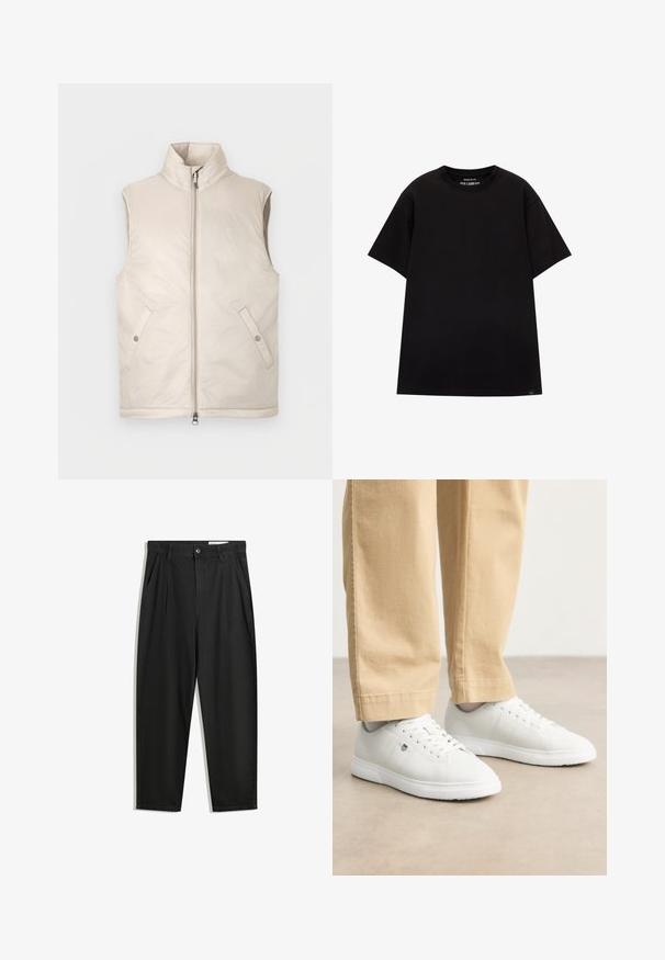 Bež prsluk bez rukava s pufastim punjenjem, visokim ovratnikom, prednjim patentnim zatvaračem i dva bočna džepa, s glatkom teksturom i minimalističkim dizajnom.; PULL&BEAR JOIN LIFE - Osnovna majica kratkih rukava - black; Crne pamučne hlače s opuštenim krojem, s klasičnim pojasom, prednjim nabranjima i bočnim džepovima. Glatka tekstura bez uzoraka.; Bijele kožne tenisice s glatkom površinom, s okruglim vrhom, vezanjem i suptilnim logotipom sa strane, u paru s bež hlačama.