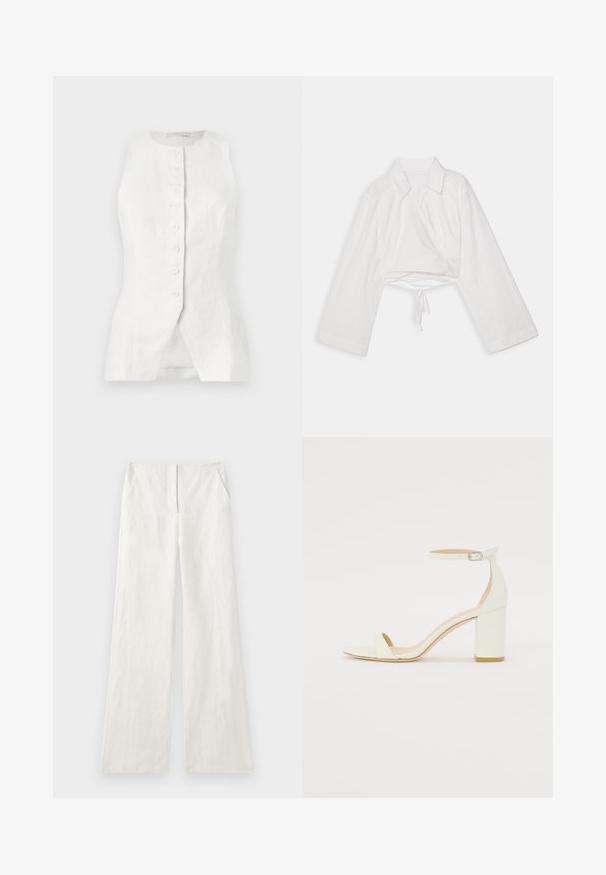 Bela lanena brezrokavnik z okroglim izrezom, sprednjim zapiranjem na gumbe in razporkom na dnu. Tekstura blaga je lahkotna in zračna.; Bela skrajšana srajca z dolgimi rokavi, ovratnikom in zavitjem. Ima zavezan rob in gladko, lahko teksturo tkanine.; Široke lanene hlače v odtenku off-white, z gladko teksturo, sprednjimi gubami in stranskimi žepi. Preprost, neokrasen dizajn.; Bela usnjena sandala z blok peto, ki ima zanko okoli gležnja s sponko in minimalističen dizajn. Odkrit prst in gladke teksture po vsej površini.