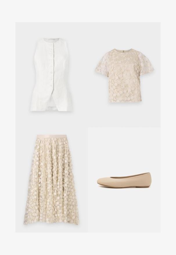 Bílé lněné bezramínkové tričko s kulatým výstřihem, předním zapínáním na knoflíky a rozparky na spodním lemu. Texturovaná látka s lehkým a vzdušným vzhledem.; Beige blůza s květinovou výšivkou, průhlednými nadýchanými rukávy, kulatým výstřihem a zipovým uzávěrem na zádech. Texturovaný květinový vzor na předním panelu.; Květná výšivka na průhledné sukně krémové barvy se saténovým pasem. Design obsahuje malé, jemné květiny a listy.; Béžové kožené baletní byty s kulatou špičkou, minimálním prošíváním, nízkým podpatkem a decentním logem na zadní straně. Hladký, matný povrch.