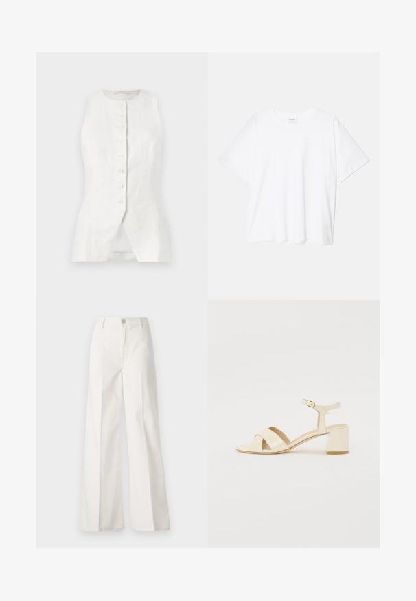 Bijela lanena majica bez rukava s okruglim izrezom, prednjim kopčanjem na gumbe i razdvojenim rubom. Tekstura tkanine daje lagani, prozračni izgled.; Bijela pamučna majica s kratkim rukavima, okruglim izrezom, opuštenim krojem i šivenim rubom. Etiketa je vidljiva na unutarnjoj strani vrata.; Bijele široke hlače izrađene od pamuka s glatkom teksturom. Imaju prednji gumb, patentni zatvarač i dizajn s četiri džepa.; Bež sandale od lakirane kože na visokoj peti s dizajnom preklopnog remena, otvorenim prstima, podesivim remenom oko gležnja i blok petom. Glatka tekstura.