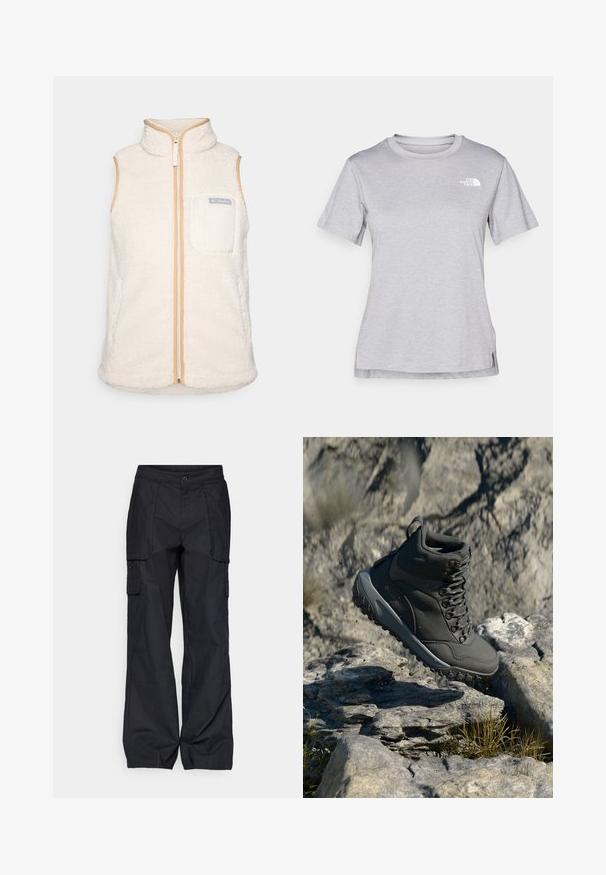 Hvit fleece vest med høy krage, glidelås foran og beige kant. Har en frontlomme med Columbia-logoen. Mykt, strukturert materiale.; Grå kortermet t-skjorte laget av myk, fukttransporterende stoff. Har en rund hals og en liten hvit logo på øvre venstre side.; Columbia BREA FALLS™ COTTON RIPSTOP PANT - Friluftsbukser - black; Mørkegrå tursesko laget av syntetisk materiale, med polstret krage, metalløyer og teksturert gummisåle for grep.