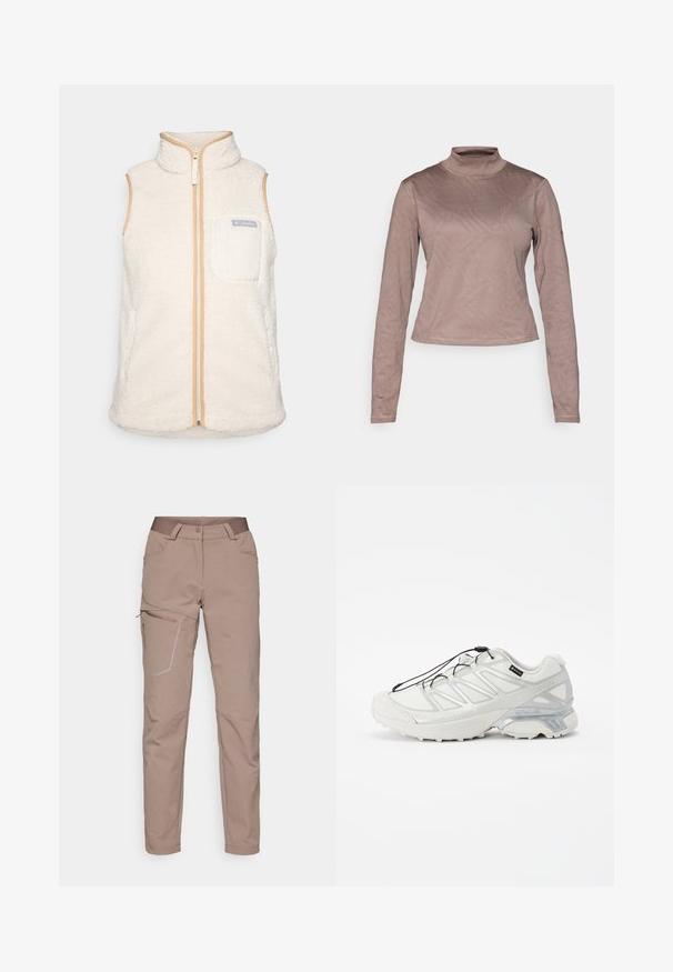 Weißer Fleece-Weste mit hohem Kragen, Reißverschluss auf der Vorderseite und beigem Besatz. Verfügt über eine Fronttasche mit dem Columbia-Logo. Weiches, strukturiertes Material.; Columbia GRANITE POINT™ - Langarmshirt - iron; Salomon WAYFARER WARM PANTS - Outdoor-Hose - iron; Weißer Sportschuh mit einem strukturierten Mesh-Obermaterial, reflektierenden Akzenten und einer gepolsterten Sohle. Verfügt über elastische Schnürsenkel und graue Details.