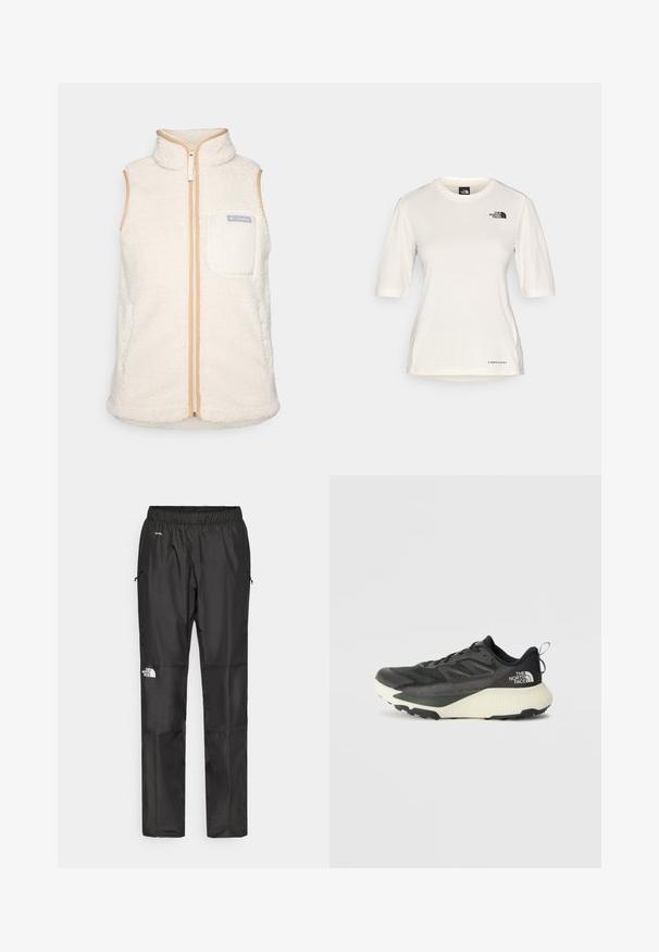 Colete de lã branco com colarinho alto, fecho de correr na frente e acabamento bege. Apresenta um bolso frontal com o logótipo da Columbia. Material suave e texturizado.; The North Face SHADOW SHORT SLEEVE - T-shirt desportiva - white dune; Calças pretas à prova d'água feitas de um tecido leve, com cintura elástica, bolsos laterais e um logótipo na perna esquerda.; Shoe atlético preto com um cabedal texturizado, apresentando detalhes em cinza e uma entressola branca. Inclui uma alça e um logótipo da marca em destaque no calcanhar.