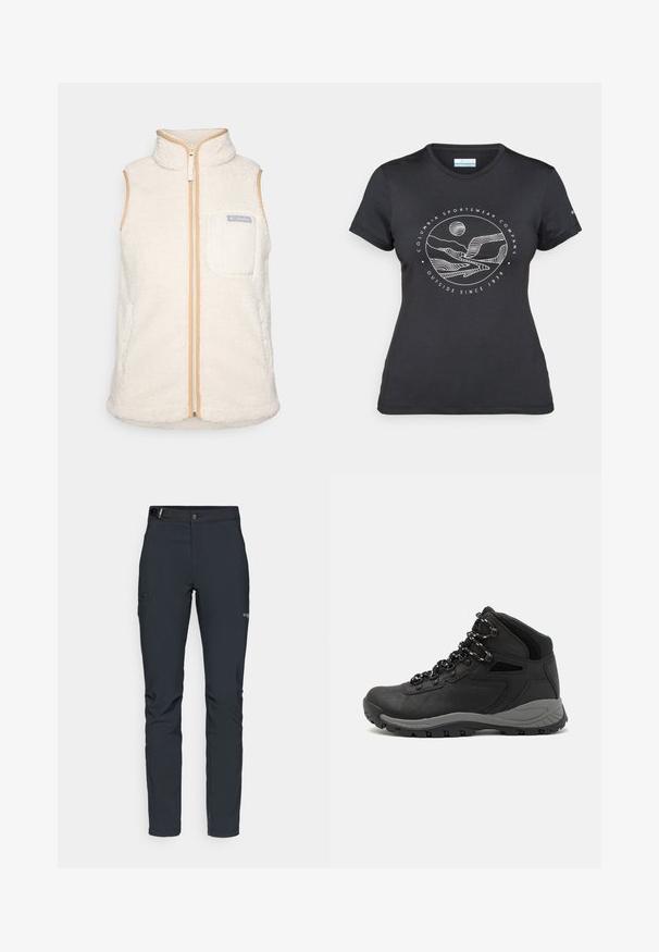 Balta flīsa veste ar augstu apkakli, ar rāvējslēdzēju priekšpusē un bežiem akcentiem. Iekļauj priekšējo kabatu ar Columbia logotipu. Mīksts, teksturēts materiāls.; Melnā Columbia T-kreklā ar baltu apļa kalnu un upes kontūru mākslu, kā arī tekstu "Columbia Sportswear Company Outside Since 1938."; Vīriešu āra bikses, tumši pelēkā krāsā, izgatavotas no elastīga materiāla, ar jostu, kabatām ar rāvējslēdzēju un pastiprinātām šuvēm.; Melni pārgājienu zābaki ar vidēju augstumu, ar teksturētu augšdaļu, pelēkiem akcentiem un izturīgu gumijas zoli ar saķeres izvirzījumiem.