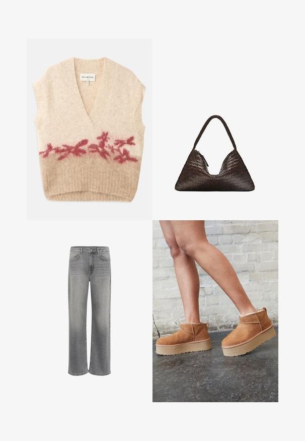 Beige ärmellose Weste mit tiefem V-Ausschnitt, weich in der Textur und einem bordeauxfarbenen Blumendruck im unteren Bereich. Markenetikett sichtbar.; Hellgrauer, gestrickter Langarmpullover mit ribbeltem Saum und Bündchen, V-Ausschnitt und lässiger Passform.; Weißes T-Shirt mit kurzen Ärmeln aus Baumwolle. Hat einen Rundhalsausschnitt und eine lockere Passform. Glatte Textur ohne sichtbare Muster oder Akzente.; Weite Jeans aus grauem Denim mit hoher Taille, fünf Taschen, einem vorderen Knopfverschluss und dezentem Verblassen des Materials.; Braune Wildleder-Stiefeletten mit einem weichen Futter, dicker beige Plateau-Sohle und einer Zuglasche auf der Rückseite. Strukturiert Oberfläche mit sichtbaren Nähdetails.; Dunkelbraune, dreieckige, gewebte Lederhandtasche mit einem einzelnen geflochtenen Griff und sichtbarem Reißverschluss an einer Seite.; Set aus acht silbernen Ringen, verschiedene Designs, darunter glatte, strukturierte und einer mit kleinen Perlen. Merkmale sind Kurven und Akzente.