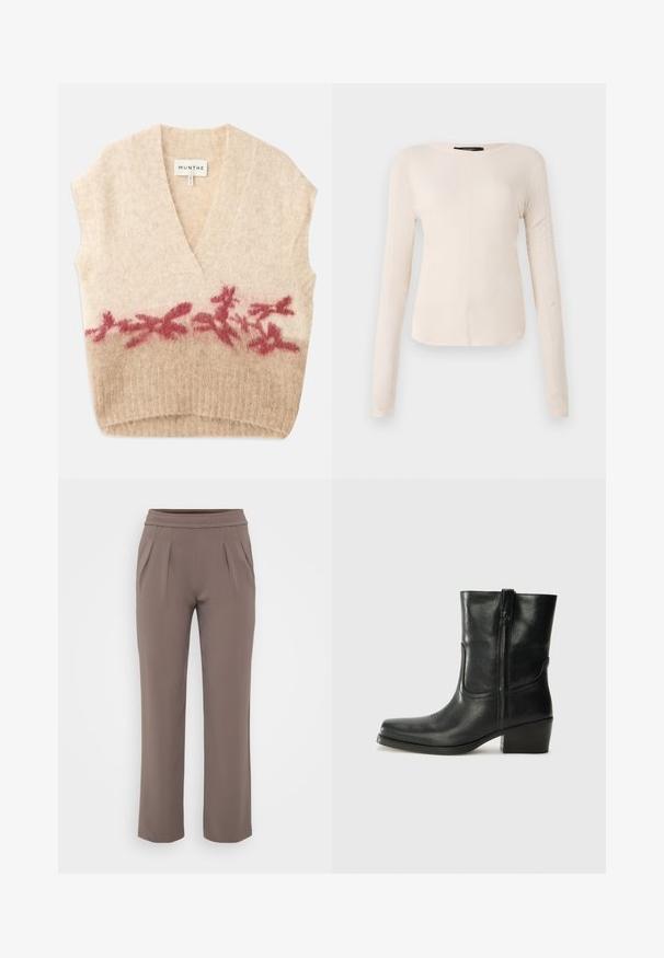 Bežinis be rankovių liemenė su giliais V formos iškirpimu, pasižymintis minkšta tekstūra ir bordo spalvos gėlių raštu apatinėje dalyje. Matoma prekės ženklo etiketė.; Ilgesnių rankovių, šviesiai bežinis viršus su apvaliu iškirpimu. Pagamintas iš minkštos medžiagos, turi centrinę siūlę ir šiek tiek kreivą apatinių kraštų liniją. Matomų detalių nėra.; Smėlinės laisvo kirpimo kelnės su elastinga juosmens juostele ir priekine klostele, pagamintos iš lygaus audinio.; Juodi odiniai aulinukai iki kulkšnies su apvali nosimi, blokuotais kulnais, šonine užtrauktuku ir siuvimo akcentais ant viršutinės dalies. Lygi tekstūra, klasikinis dizainas.