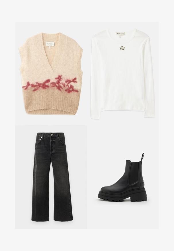 Chaleco sin mangas de color beige con un profundo escote en V, que presenta una textura suave y un estampado floral en burdeos en la sección inferior. Etiqueta de la marca visible.; Camisa de manga larga blanca de canalé, hecha de una tela suave, con un cuello redondo y un pequeño logo oscuro bordado en el pecho.; Jeans de pierna ancha negros hechos de denim, con una cintura alta, cierre de botón de metal, cinco bolsillos y el dobladillo sin terminar.; Botas Chelsea negras de cuero liso con paneles laterales elásticos, suela de goma gruesa y estriada, y una lengüeta en la parte trasera.