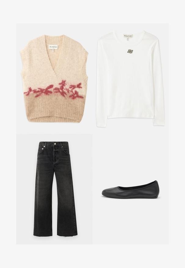 Vesta bej fără mâneci, cu un decolteu adânc în formă de V, având o textură moale și un model floral în nuanțe de burgundy pe partea inferioară. Eticheta brandului este vizibilă.; Cămașă albă cu mânecă lungă și textură cu nervuri, fabricată dintr-un material moale, având un guler rotund și un mic logo brodat închis la culoare pe piept.; Jeans negre cu picioare largi din denim, având talie înaltă, închidere cu buton metalic, cinci buzunare și margini nefinisate la tivuri.; Balerini din piele neagră, cu vârf rotund, textură netedă, detalii de cusătură minimale și un design al tălpii flexibil.