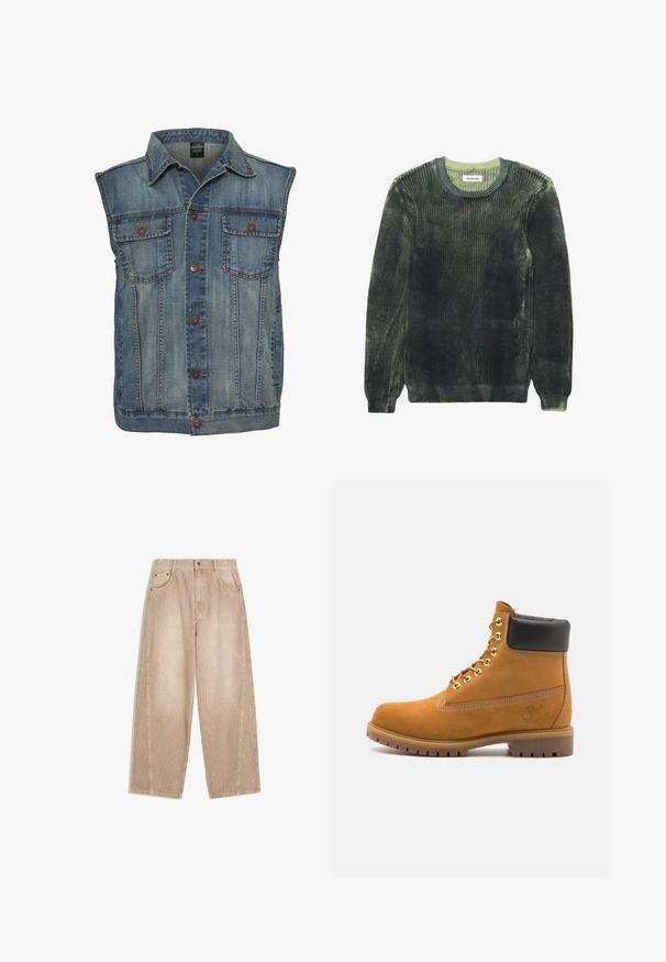 Džínová vesta vo vyblednutej modrej farbe s bezrukávovým dizajnom. Obsahuje dve vrecká na hrudníku, kovové gombíky a golierový výstrih. Textúrovaná tkanina.; Tmavozelený rebrovaný pletený sveter s mäkkou textúrou, okrúhlym výstrihom a dlhými rukávmi. Obsahuje svetlozelené akcenty na výstrihu a okrajoch.; Bežové kordové nohavice s širokými nohavicami a vertikálnym ryhovaním, s prednými vreckami, pútkami na opasok a zipsom s gombíkovým zapínaním.; Tyrkysové semišové členkové topánky s čiernym polstrovaným golierom, zlatými kovovými očkami, bielym prešívaním a robustnou gumovou podrážkou s výraznými drážkami.