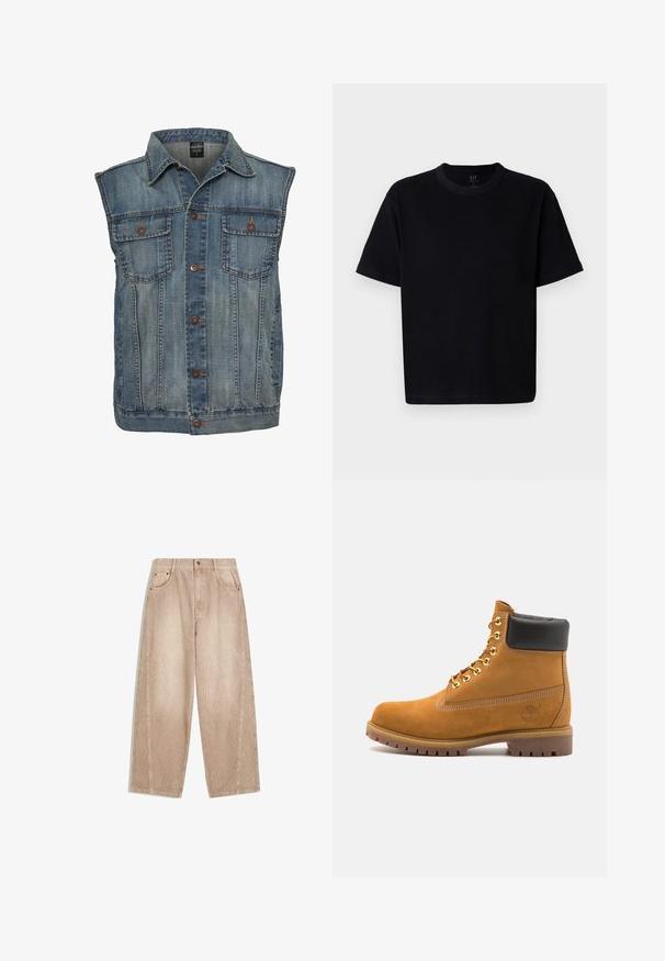 Denimová vesta ve vybledlé modré barvě s bezrukávovým designem. Obsahuje dvě prsní kapsy, kovové knoflíky a límečkový výstřih. Texturovaná tkanina.; Černé bavlněné tričko s kulatým výstřihem, krátkými rukávy a rovného střihu. Má minimální švy a jemnou, hladkou texturu.; Béžové kordové kalhoty s širokými nohavicemi a vertikálními žebry, s předními kapsami, poutky na opasek a zipovým zapínáním na knoflík.; Hnědé semišové kotníkové boty s černým polstrovaným límcem, zlatými kovovými očky, bílým prošíváním a odolnou gumovou podrážkou s výraznými drážkami.